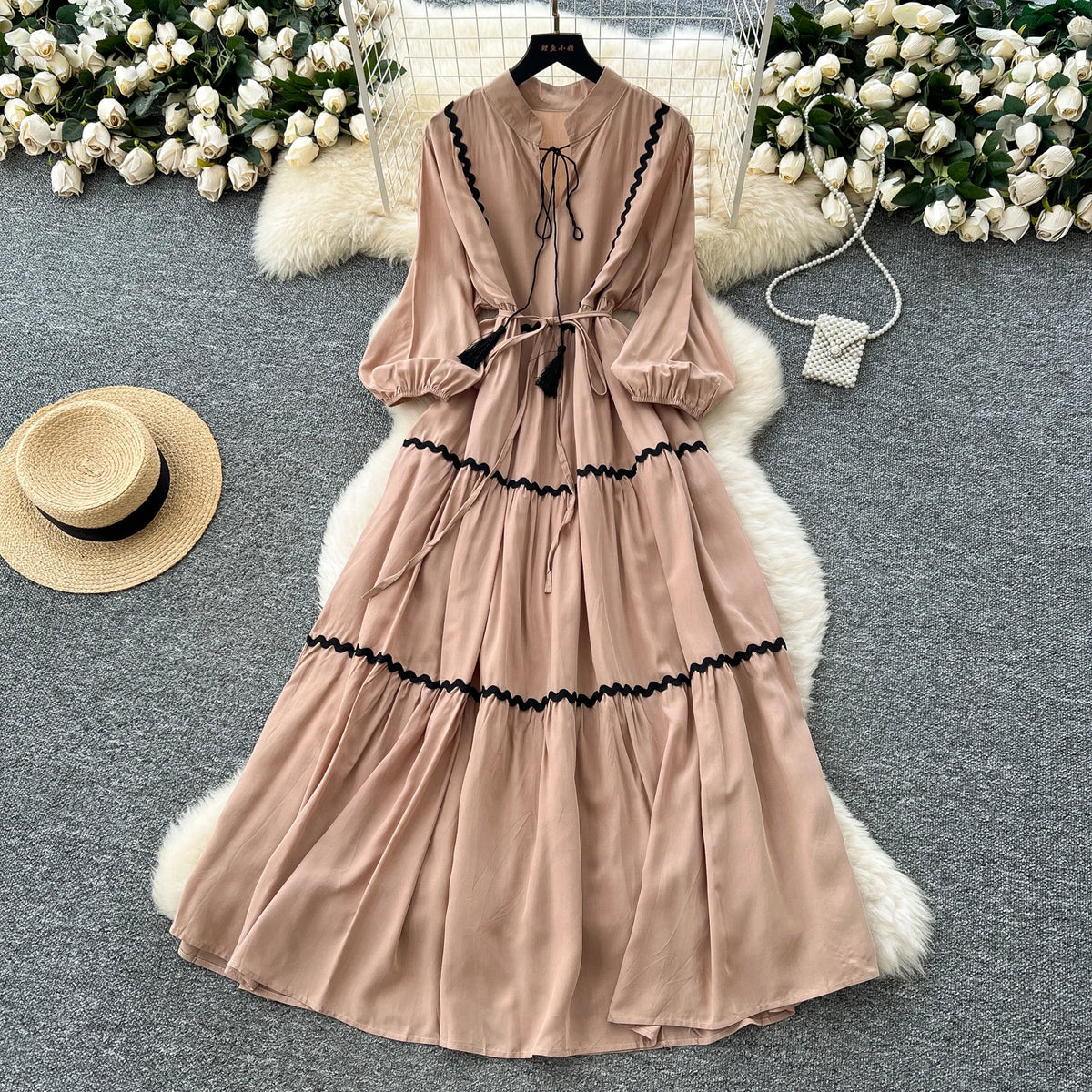 Scalloped Lantern Sleeve A-Line Dress