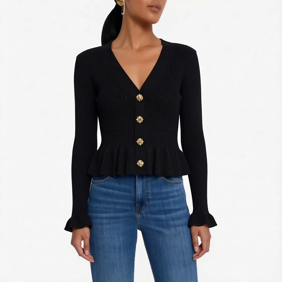 Rhinestone Ruffled V-Neck Knit Cardigan