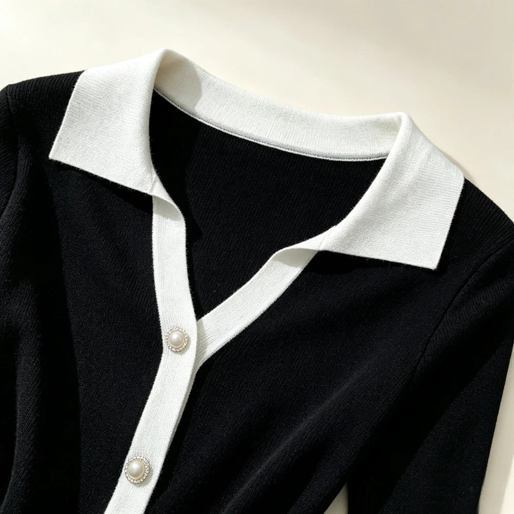 Black And White Patchwork Knit Mini Shirt Dress