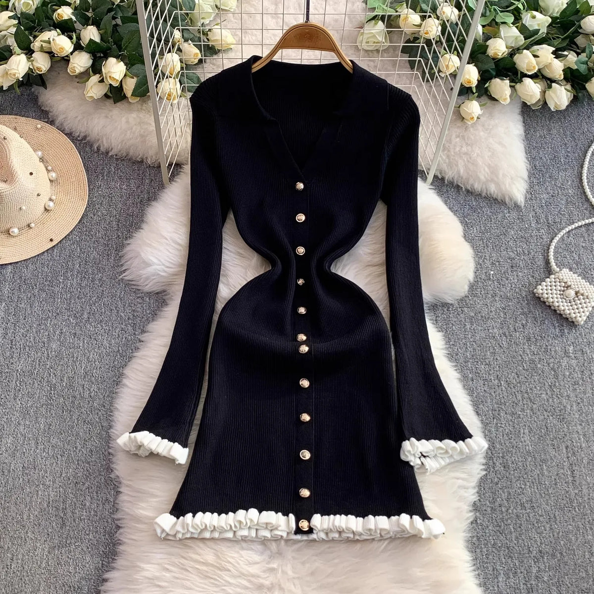 Collared Ruffled Knit Wrap Mini Dress