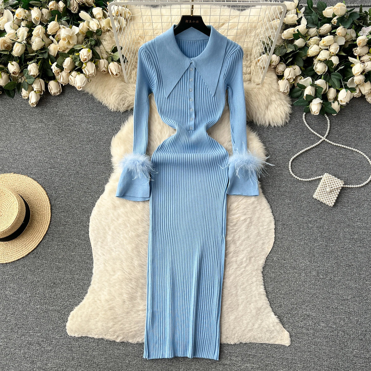 Fur Cuff Knit Wrap Bodycon Maxi Dress