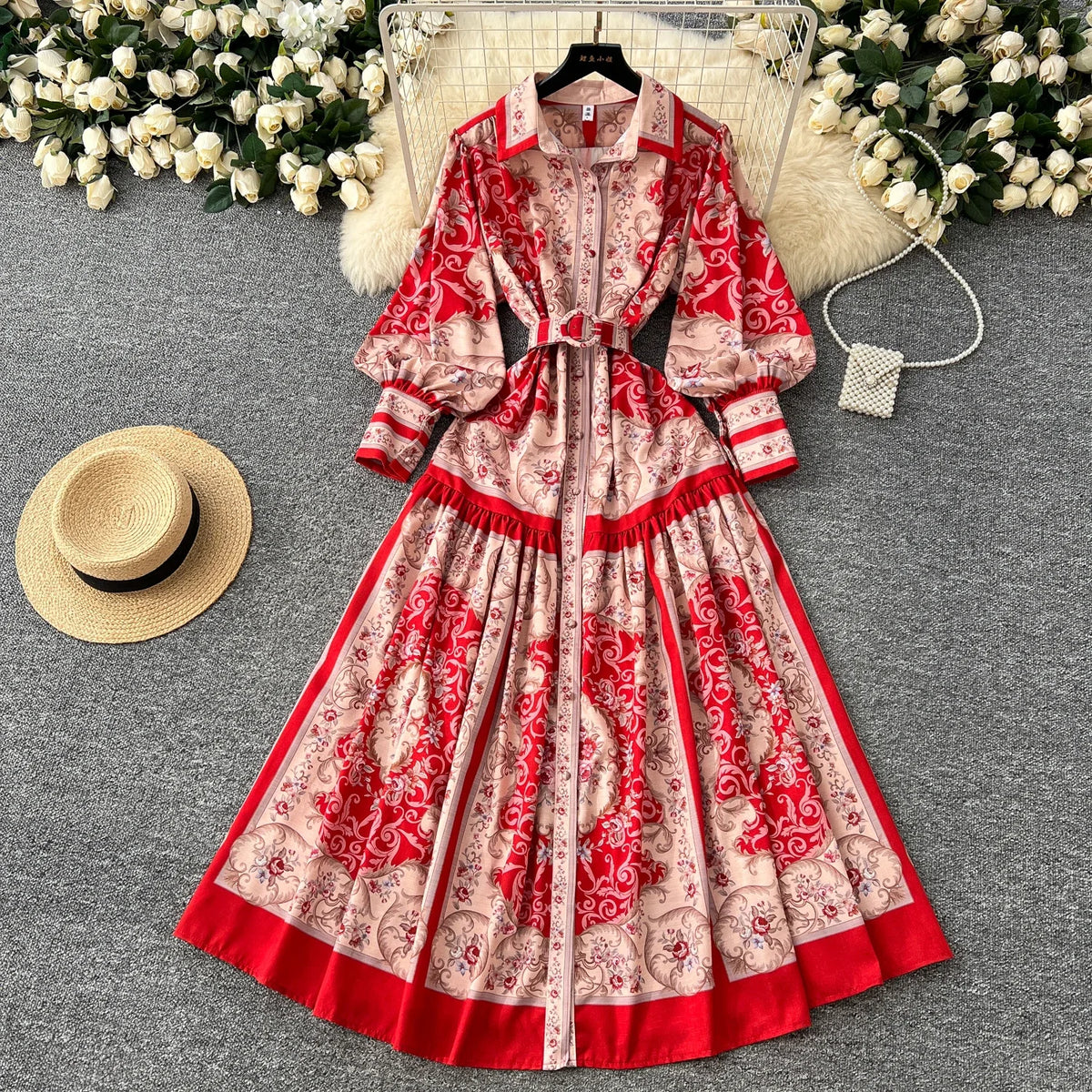 Print Single Breasted Puff Sleeve Dress