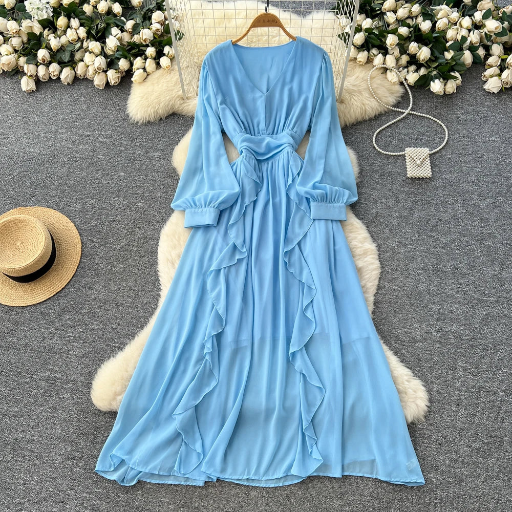Ruched Chiffon V-Neck Long Sleeve Dress