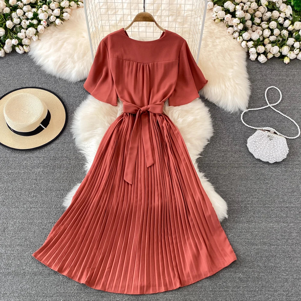 Pleated Lace-Up V-Neck A-Line Sundress