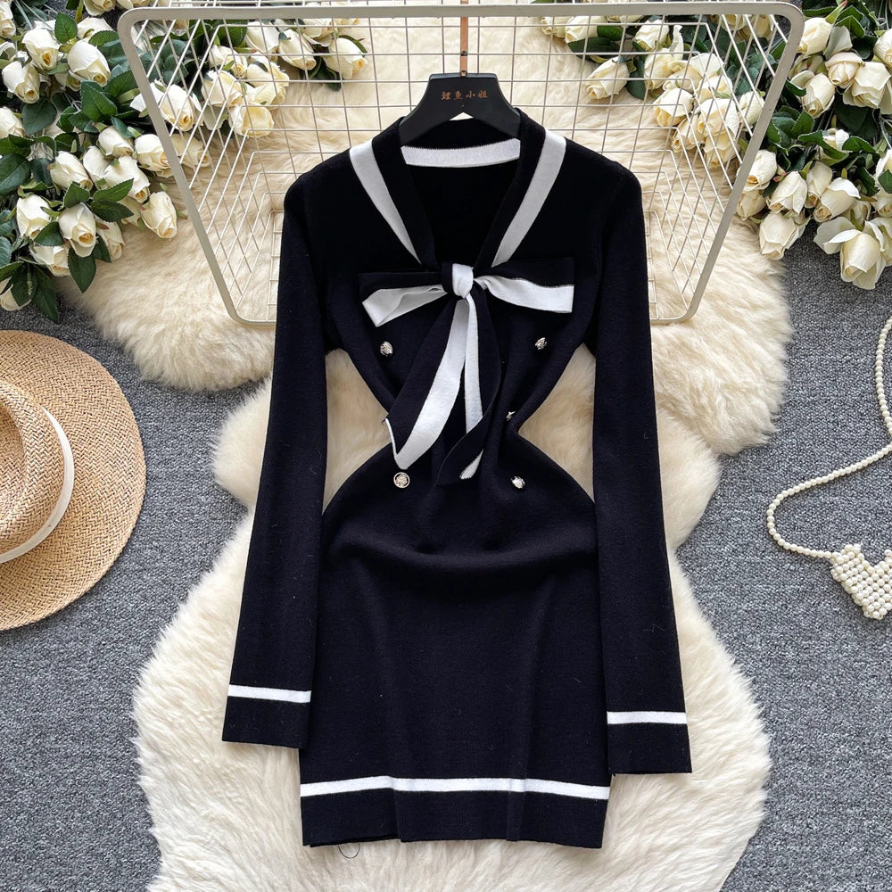 Vintage Bow V-Neck Knit Mini Dress