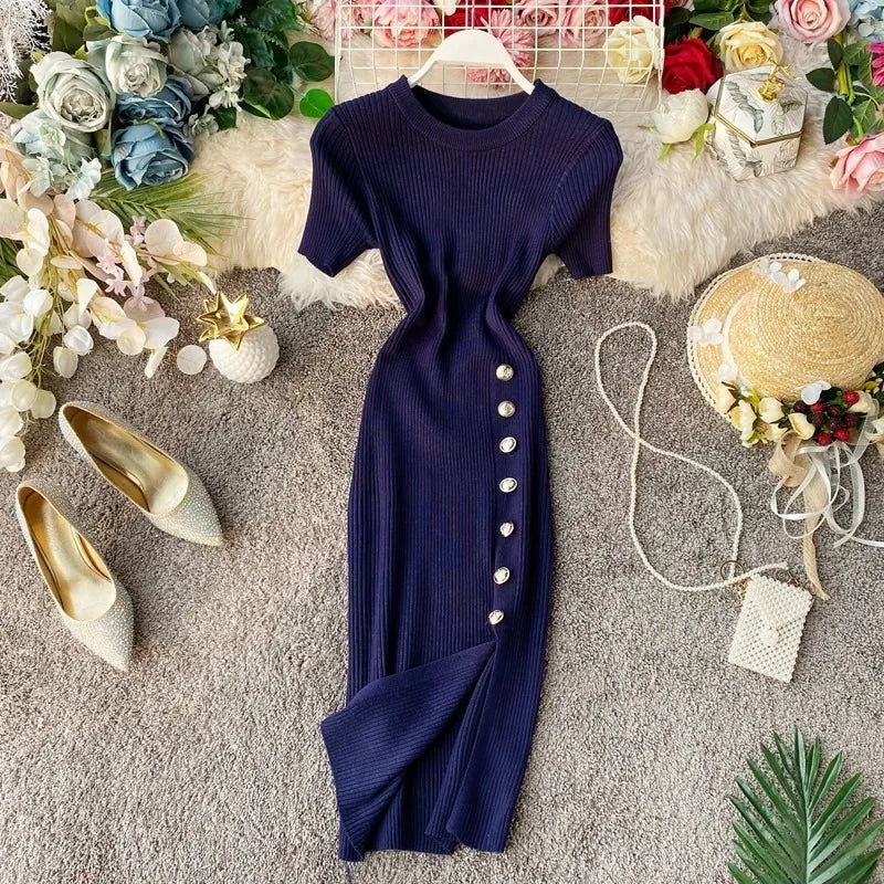 Short Sleeve Side Slit Knit Mini Dress