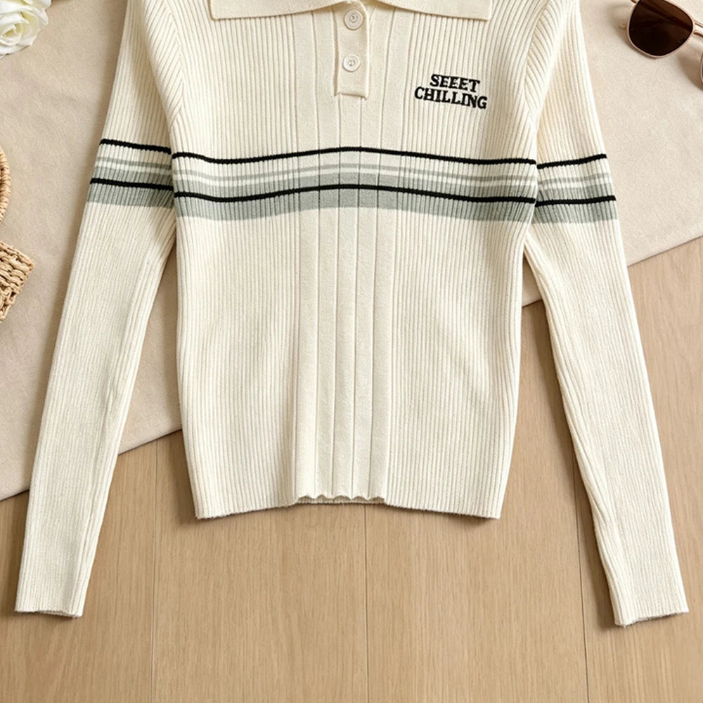 Striped Polo Collar Ribbed Knit Top