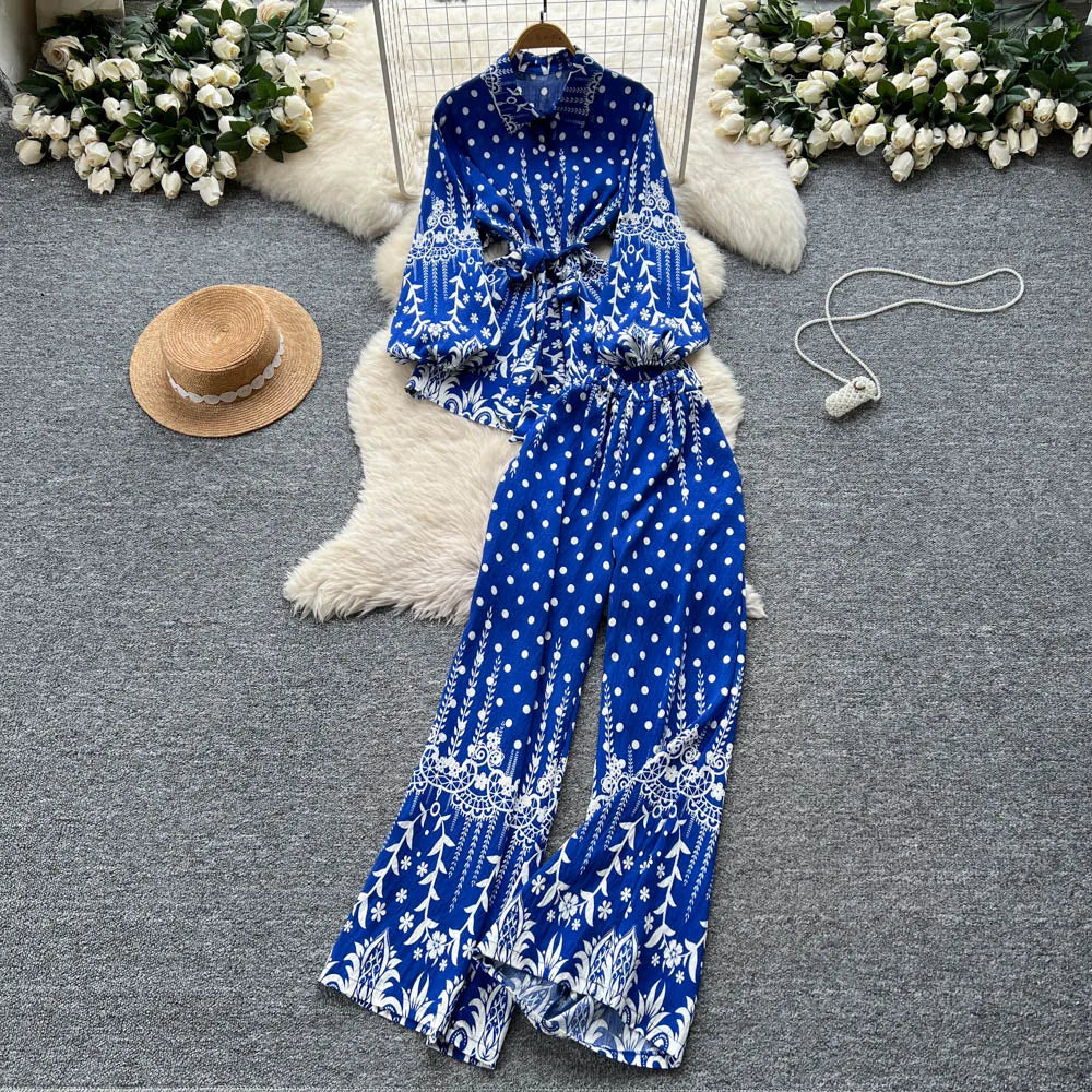 Polo Neck Top and Wide Leg Pants Set