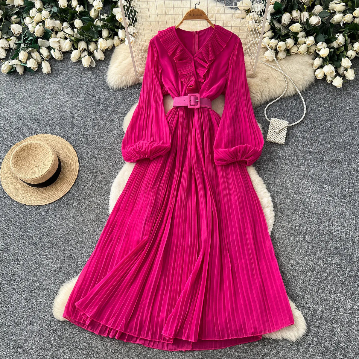 Pleated V-Neck Lantern Sleeve Maxi Dress