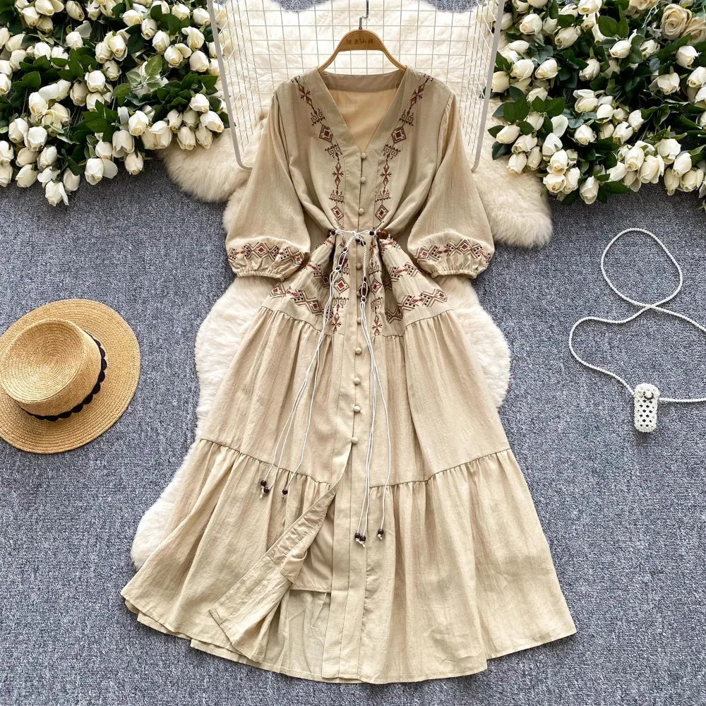Print Button Front V-Neck Beach Dress