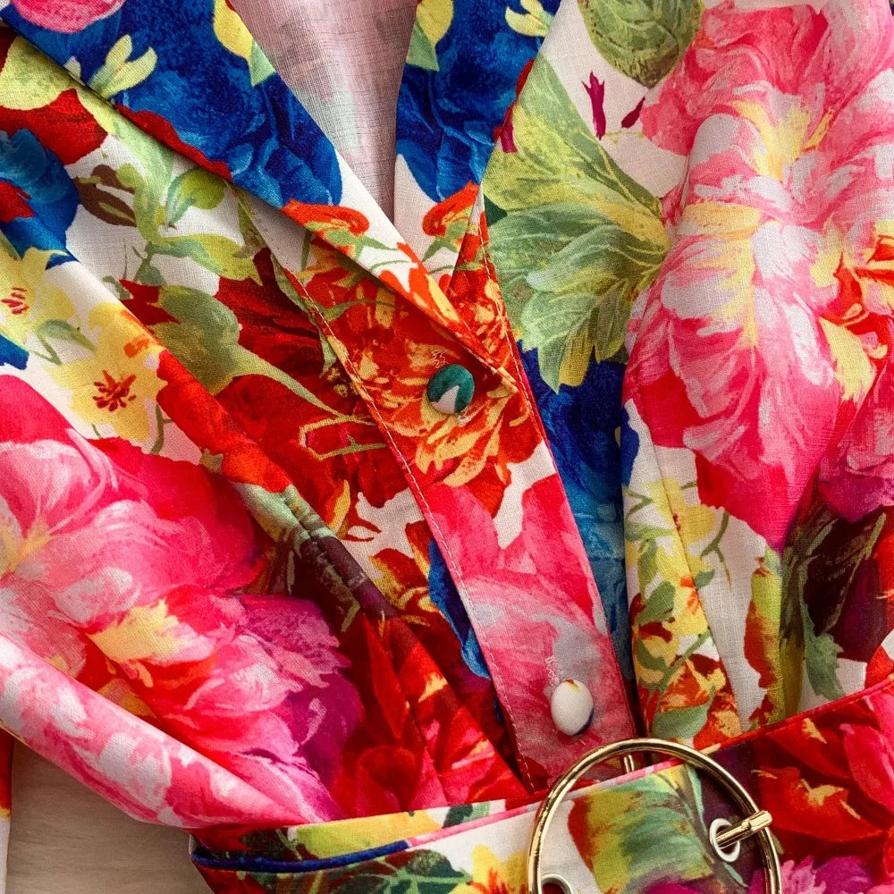 Print Button Front A-Line Maxi Dress