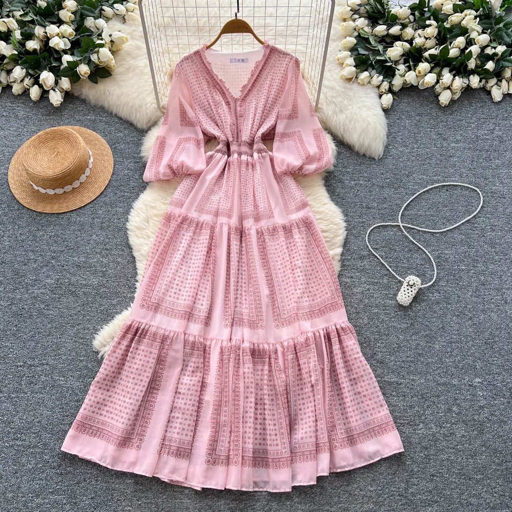 Boho Ruffle Print V-Neck Maxi Dress