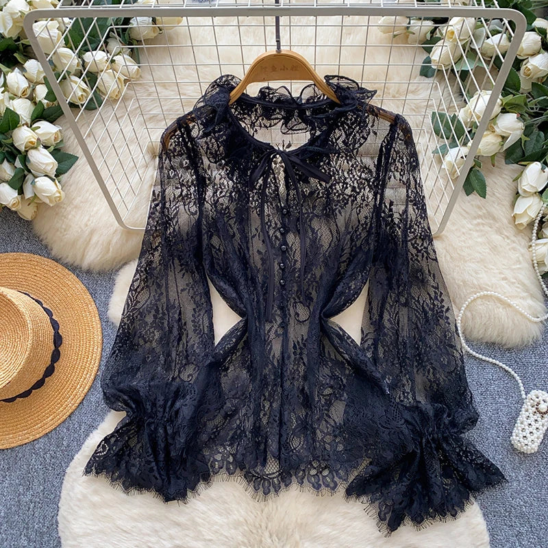 Black Lace Tie Neck Sheer Blouse