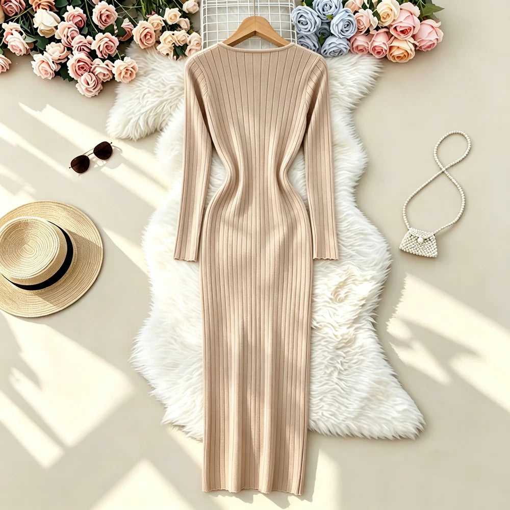 Black Ribbed Long Sleeve Sweater Dress