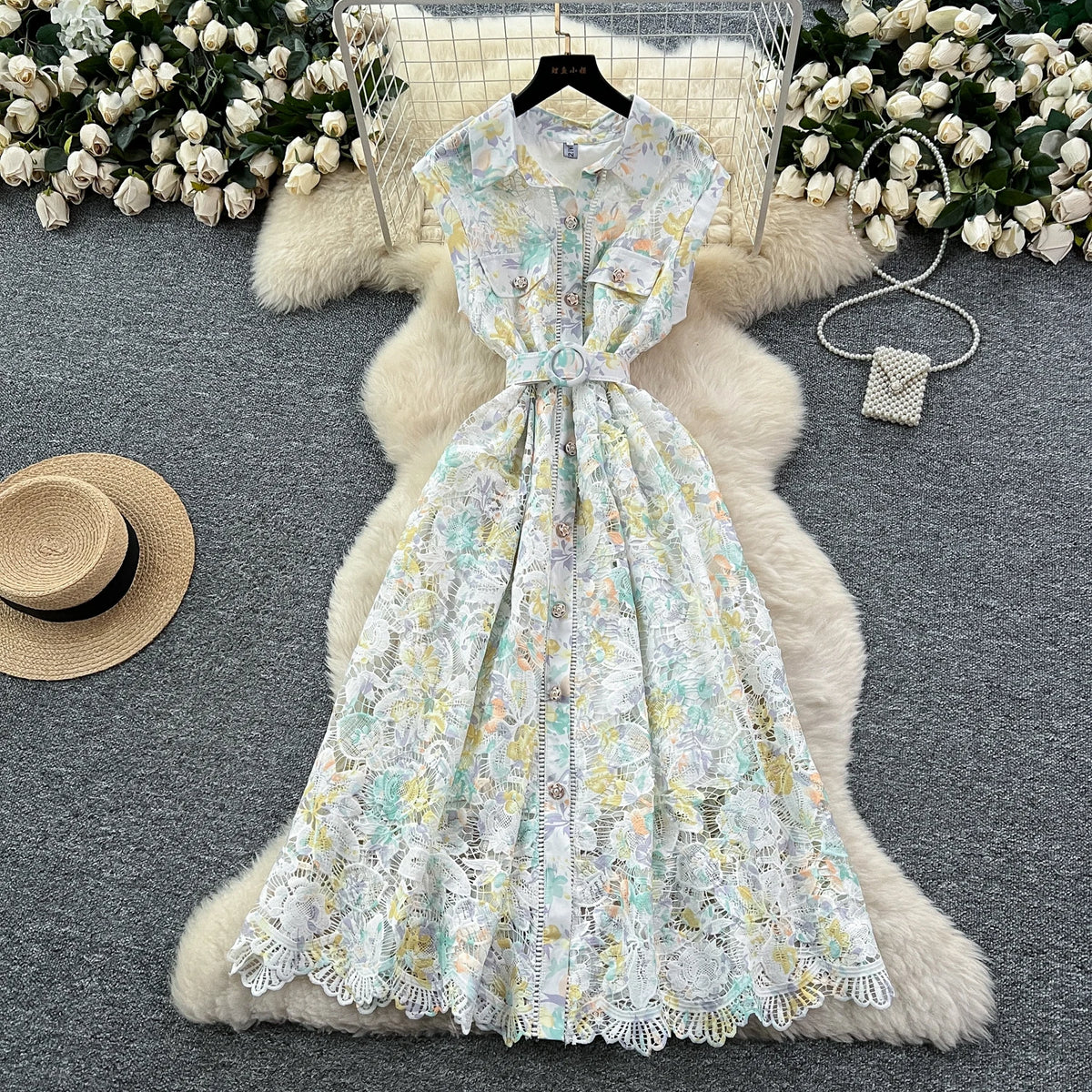Crochet Floral Button Maxi Sundress