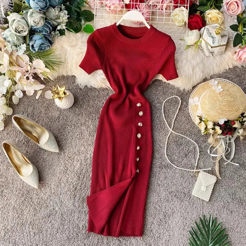 Short Sleeve Side Slit Knit Mini Dress