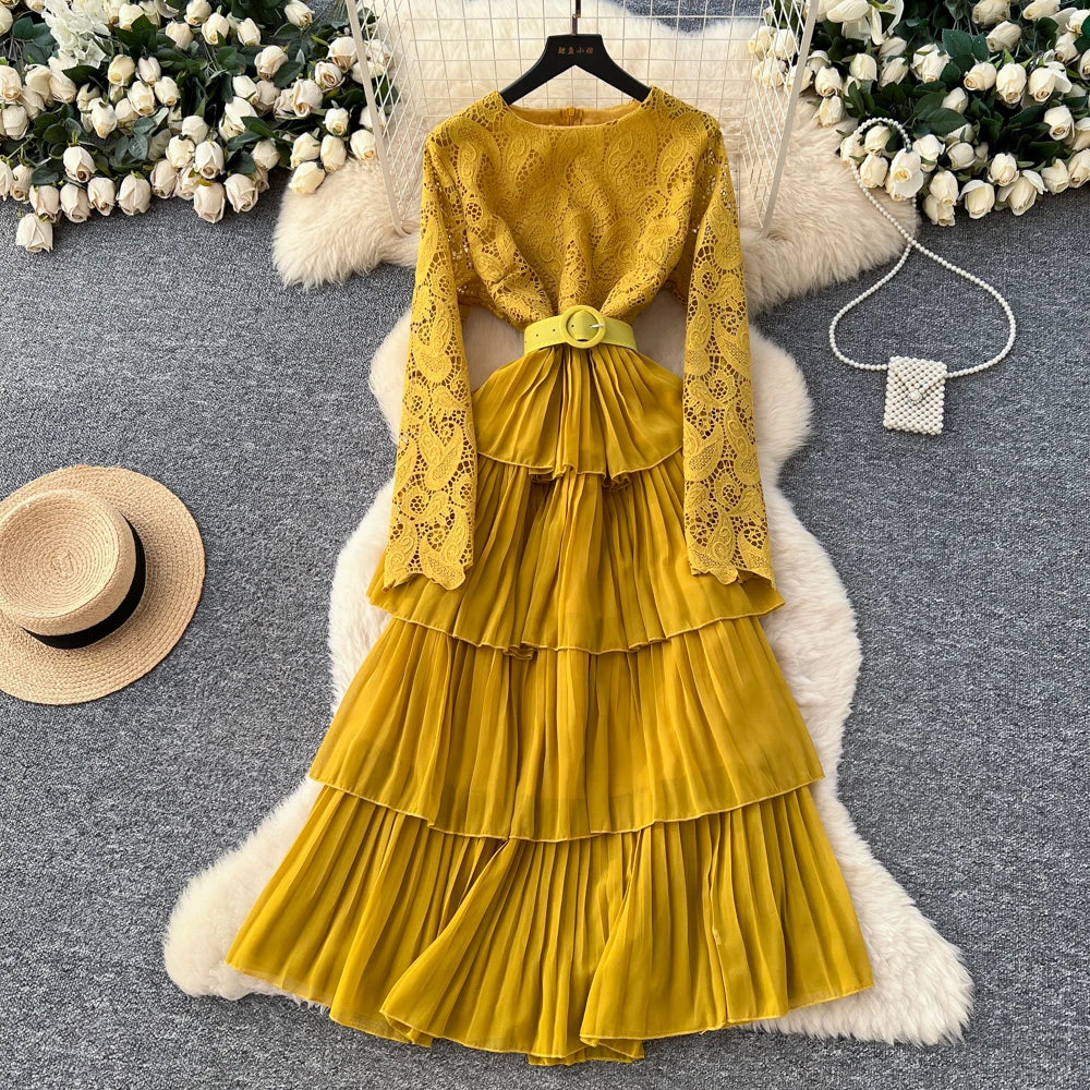 Lace O-Neck Long Sleeve A-Line Dress