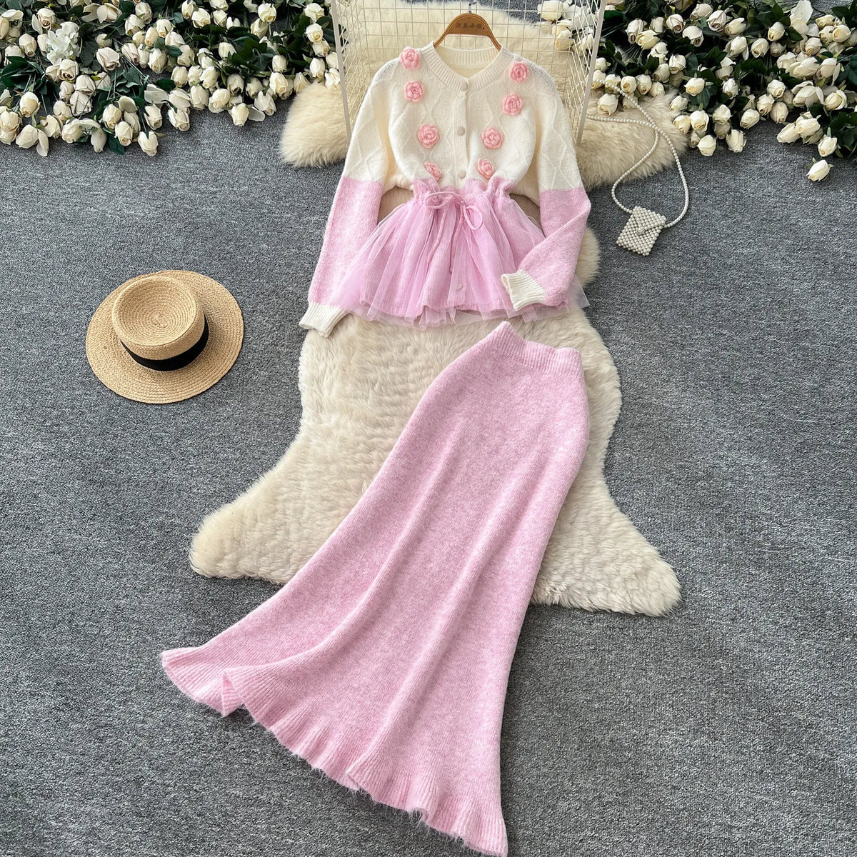 Knit Cardigan and Mesh Mermaid Skirt Set