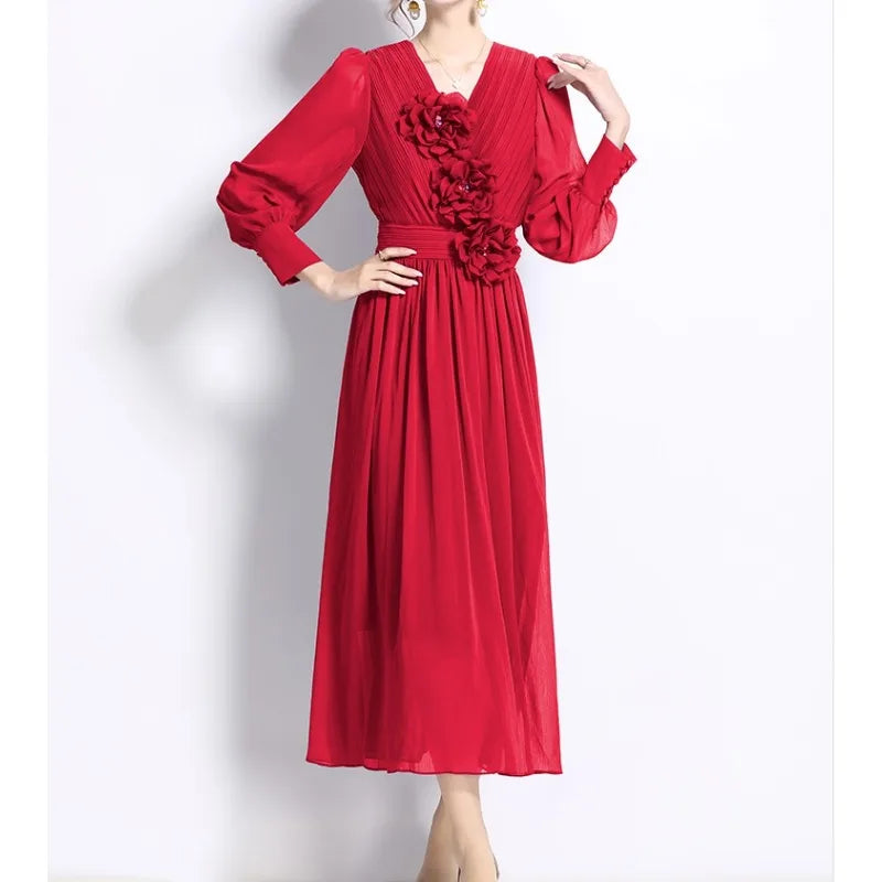 3D Floral V-Neck Lantern Sleeve Dress