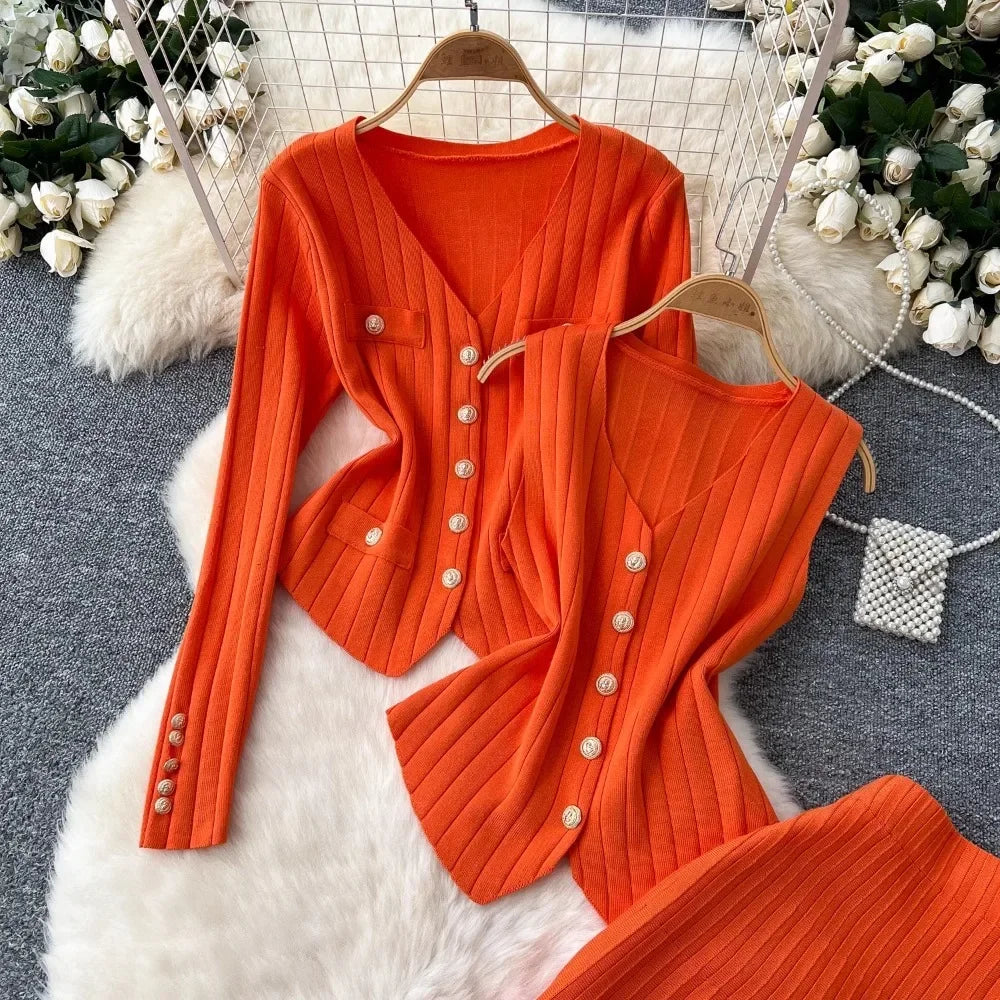 Knit Vest Cardigan and Skirt Three Piece Set