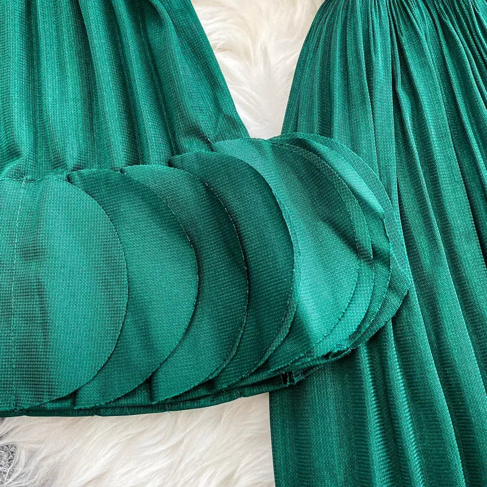 3D Petal Sleeve Turtleneck Pleated Maxi Dress