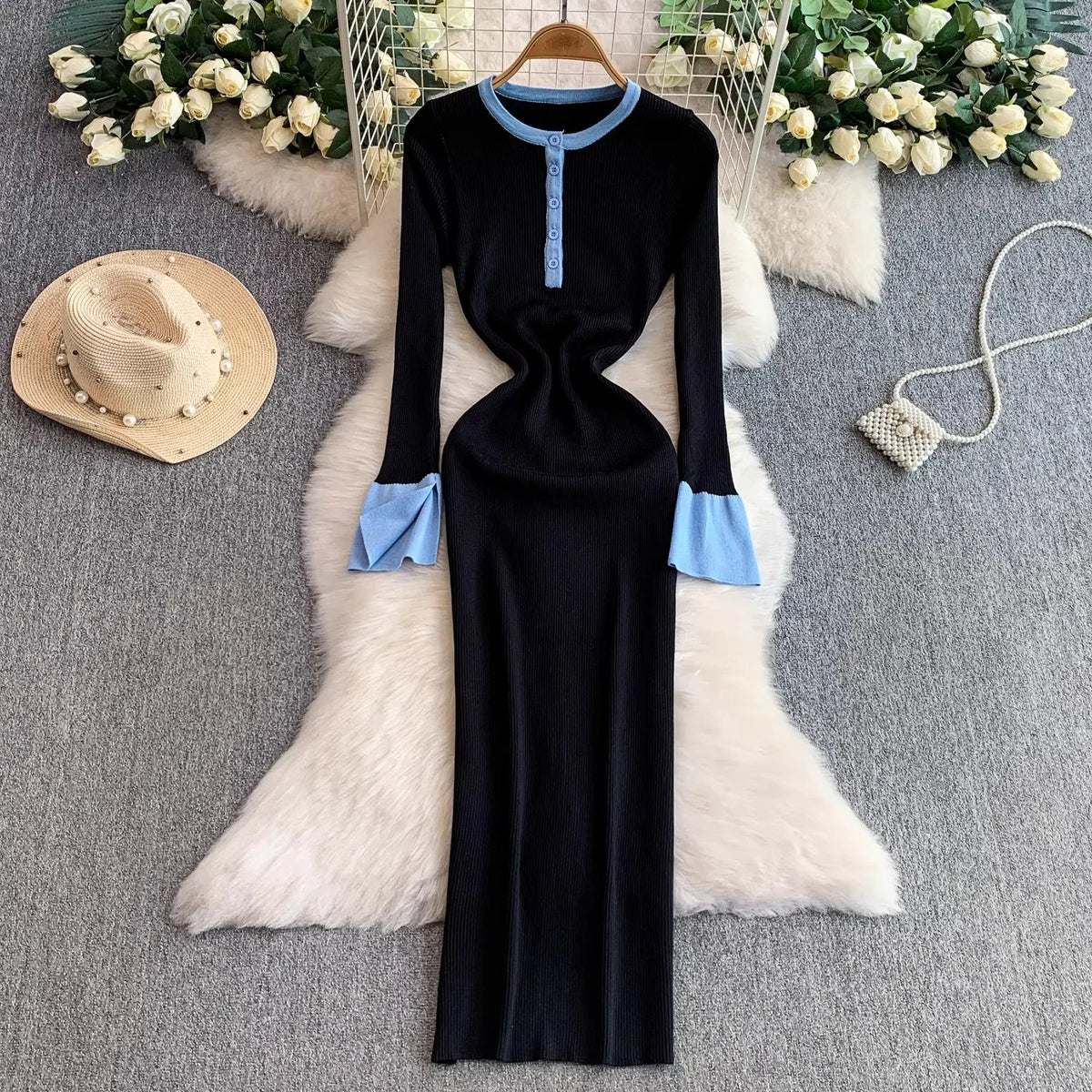 Black And White Patchwork Knit Maxi Dress