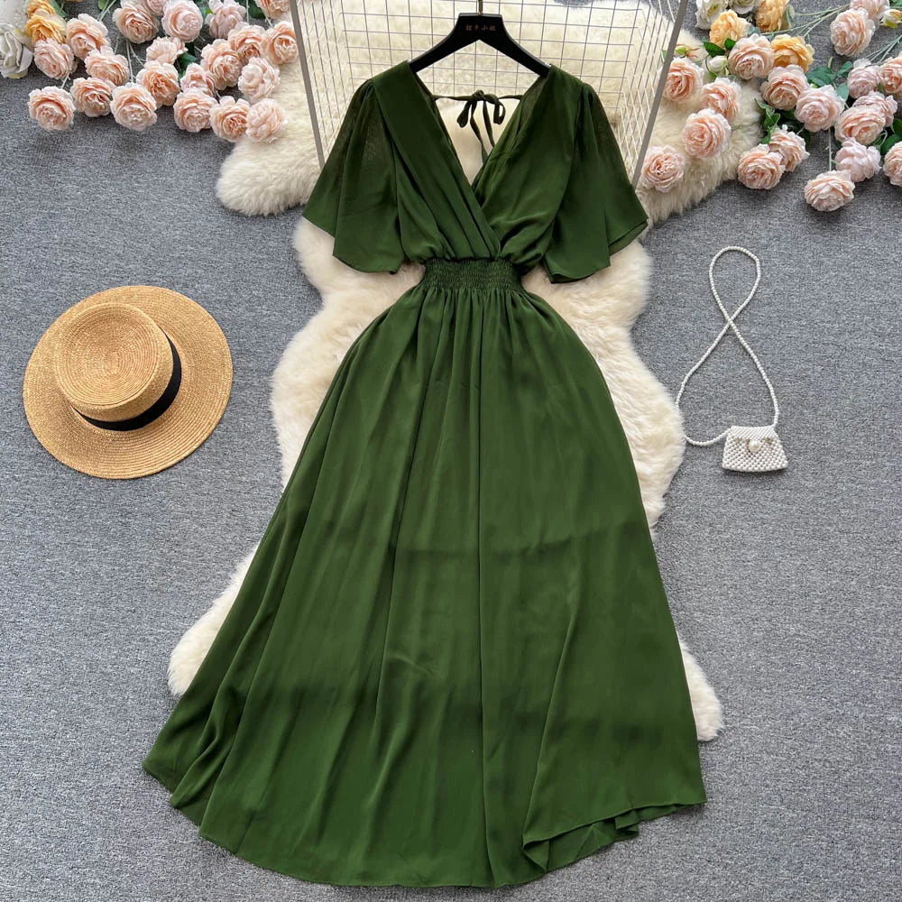Backless Ruched Chiffon Boho Sundress