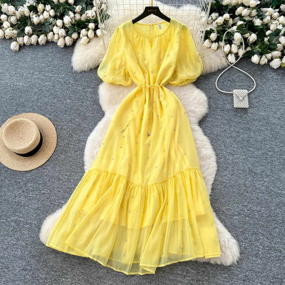 Rhinestone Mesh Lantern Sleeve Long Dress