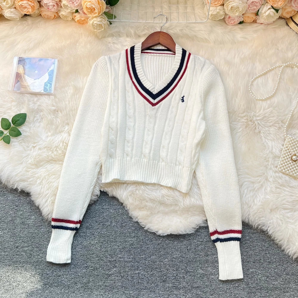 Embroidered Long Sleeve Knit Pullover Sweater