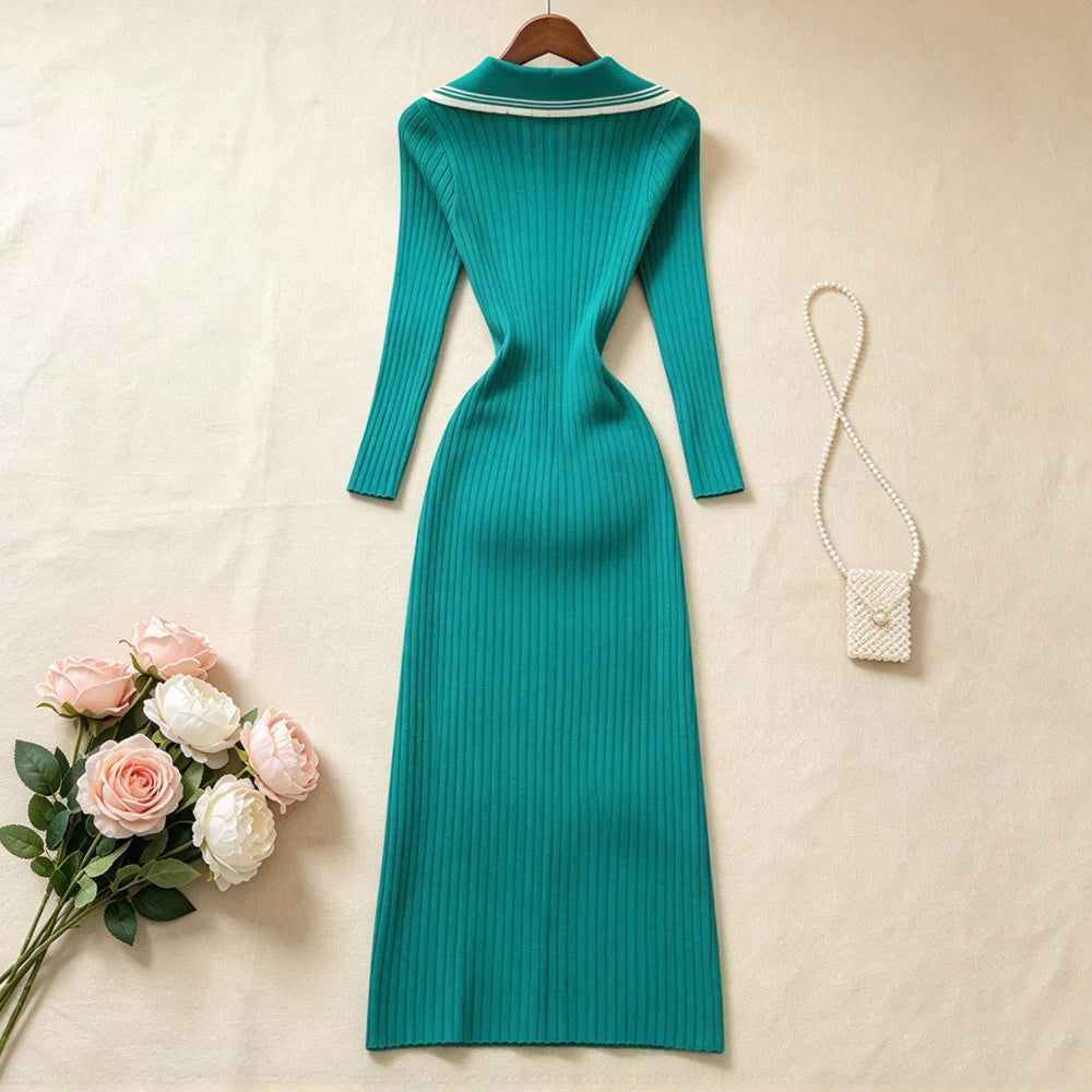 Collared Ribbed Knit Maxi Shirt Dress