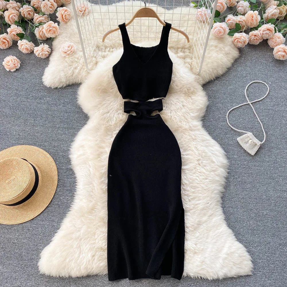 Cut Out Waist Split Knit Bodycon Dress