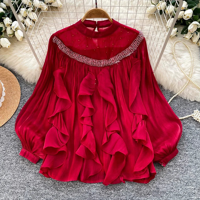 Lace Panel Ruffle Pullover Blouse