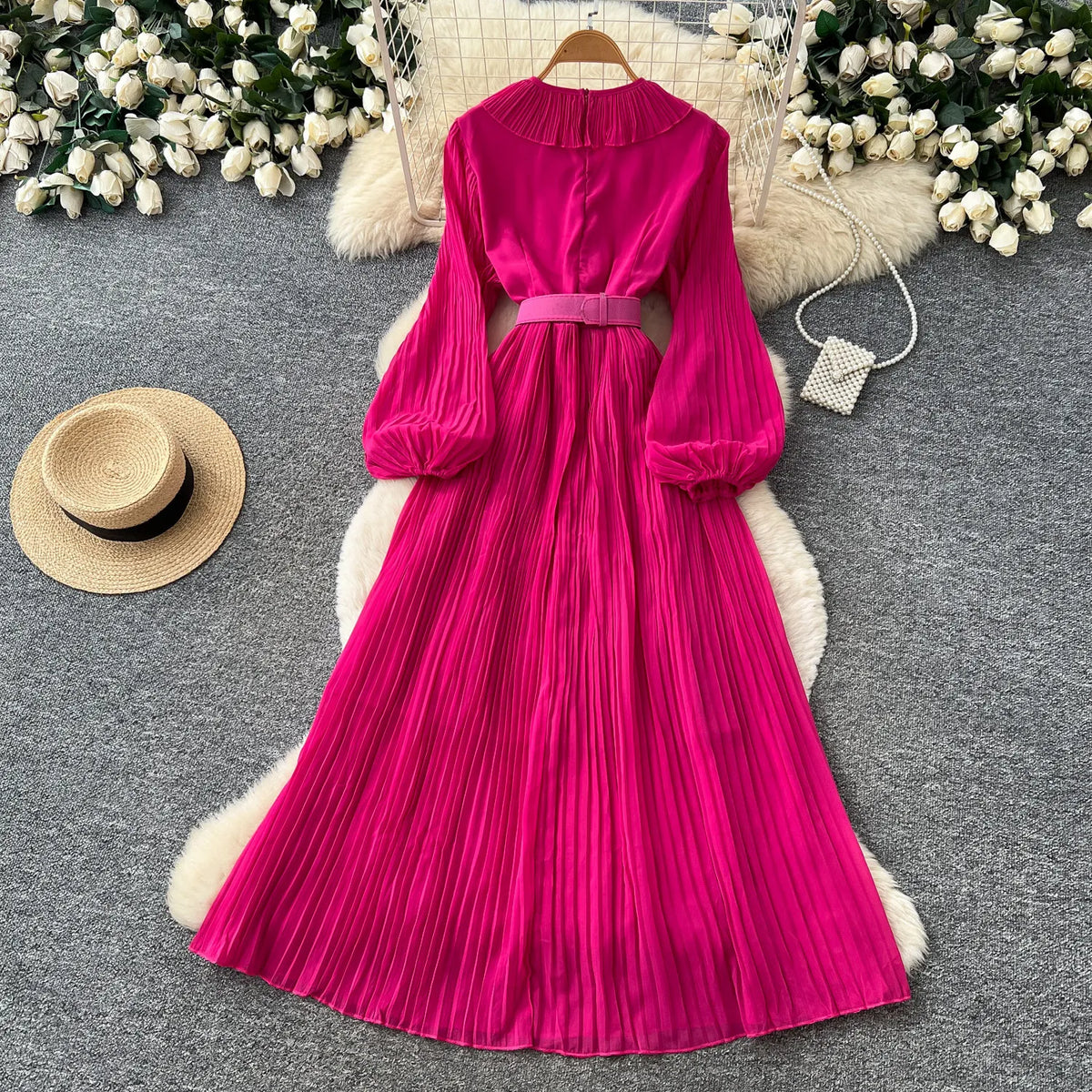 Pleated V-Neck Lantern Sleeve Maxi Dress