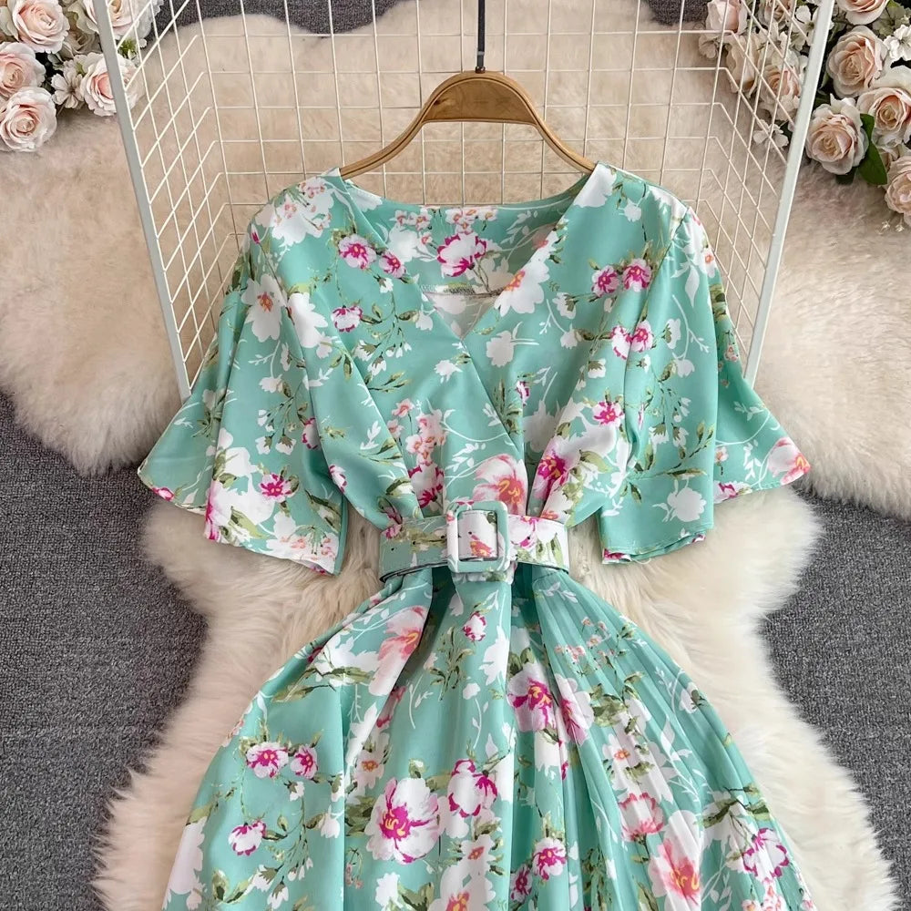 Floral V-Neck Belted Maxi Dress