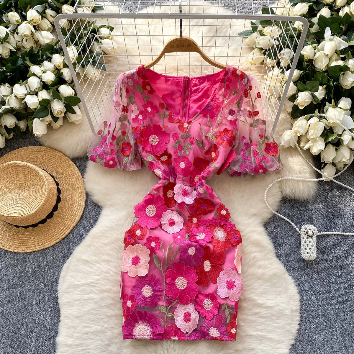 Embroidered Mesh Puff Sleeve A-Line Dress
