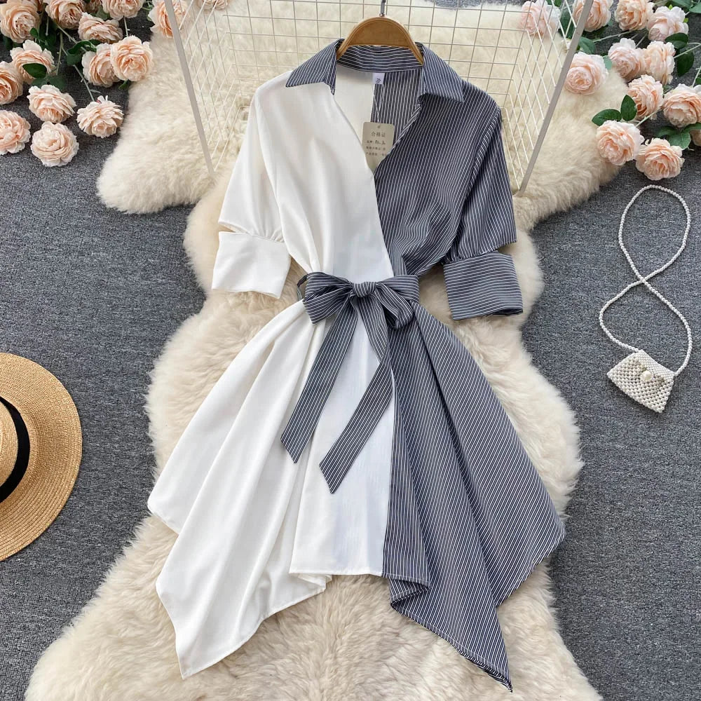 Striped Patchwork Asymmetric Collared Dress