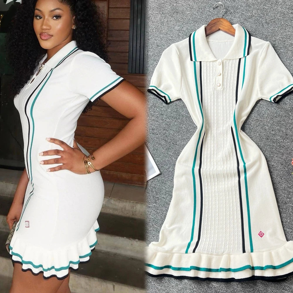 Collared Ruffled Knit Bodycon Mini Dress
