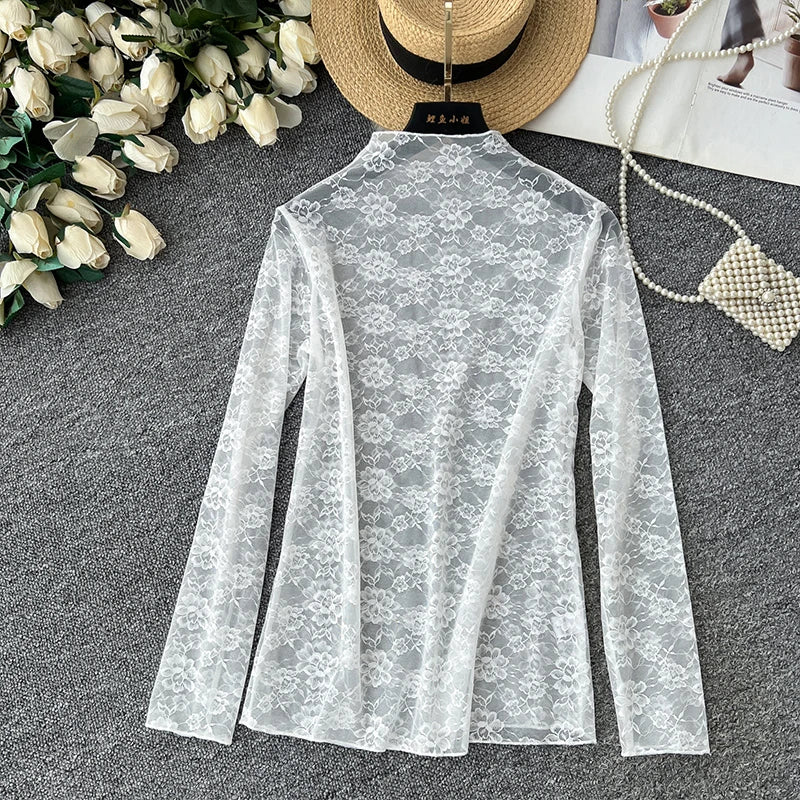 White Lace Bell Sleeve Sheer Blouse