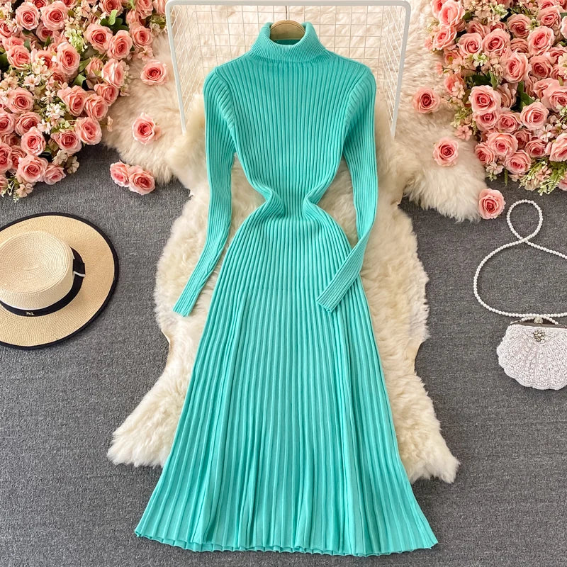 Turtleneck Knit A-Line Sweater Dress