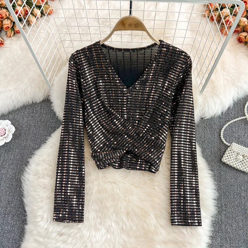 Glitter Sequin Long Sleeve Crop Top