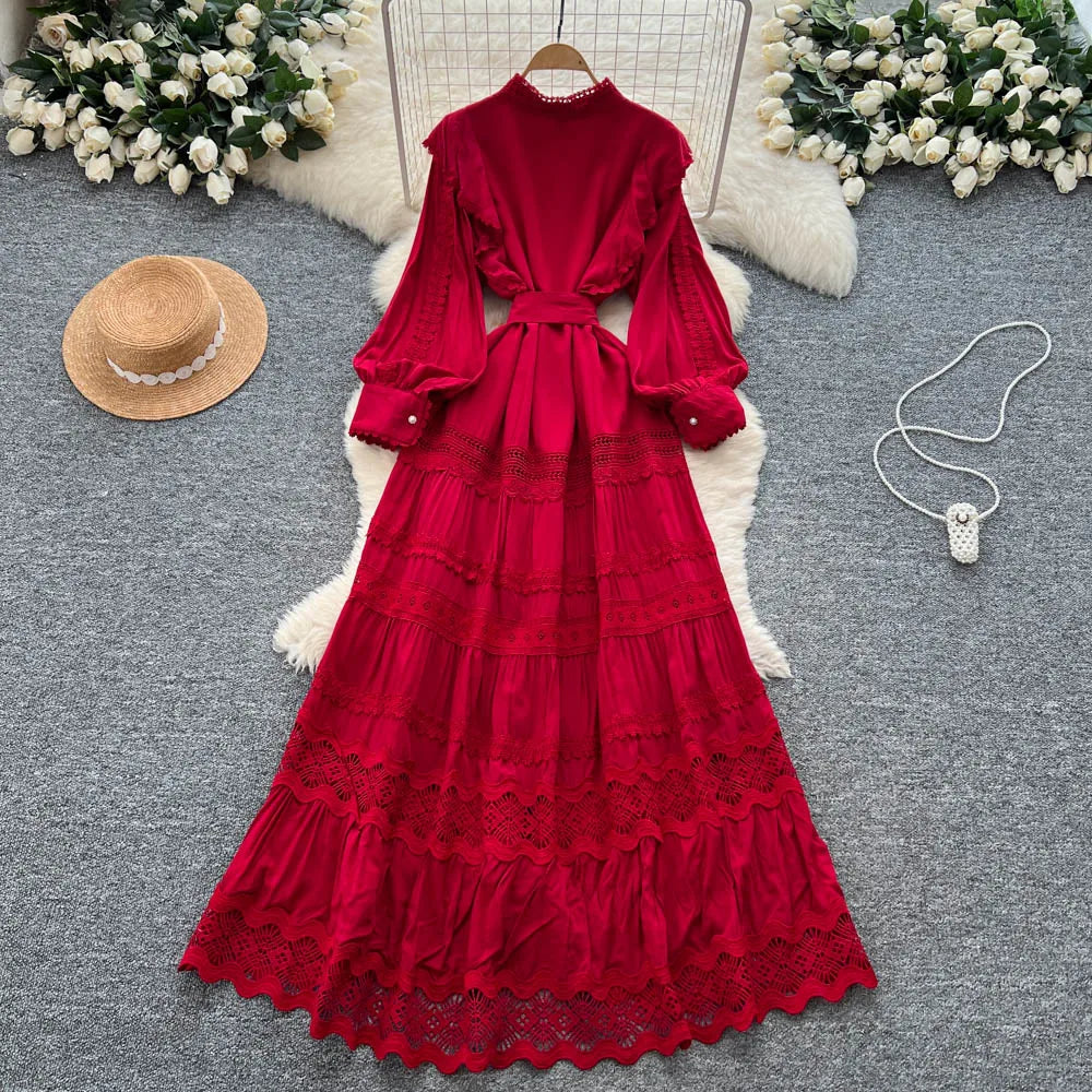 Lace Button-Front Pleated Maxi Dress