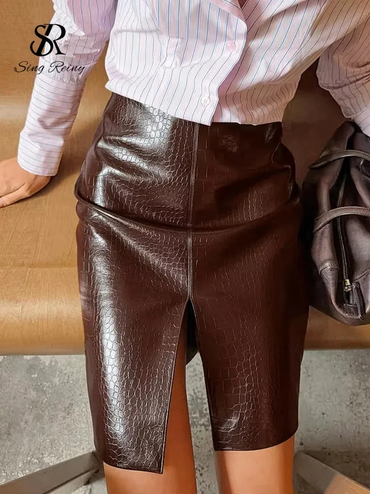 Faux Croc Leather Split Midi Skirt