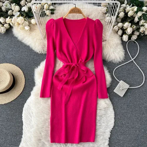 Lace-Up V-Neck Knit Bodycon Dress