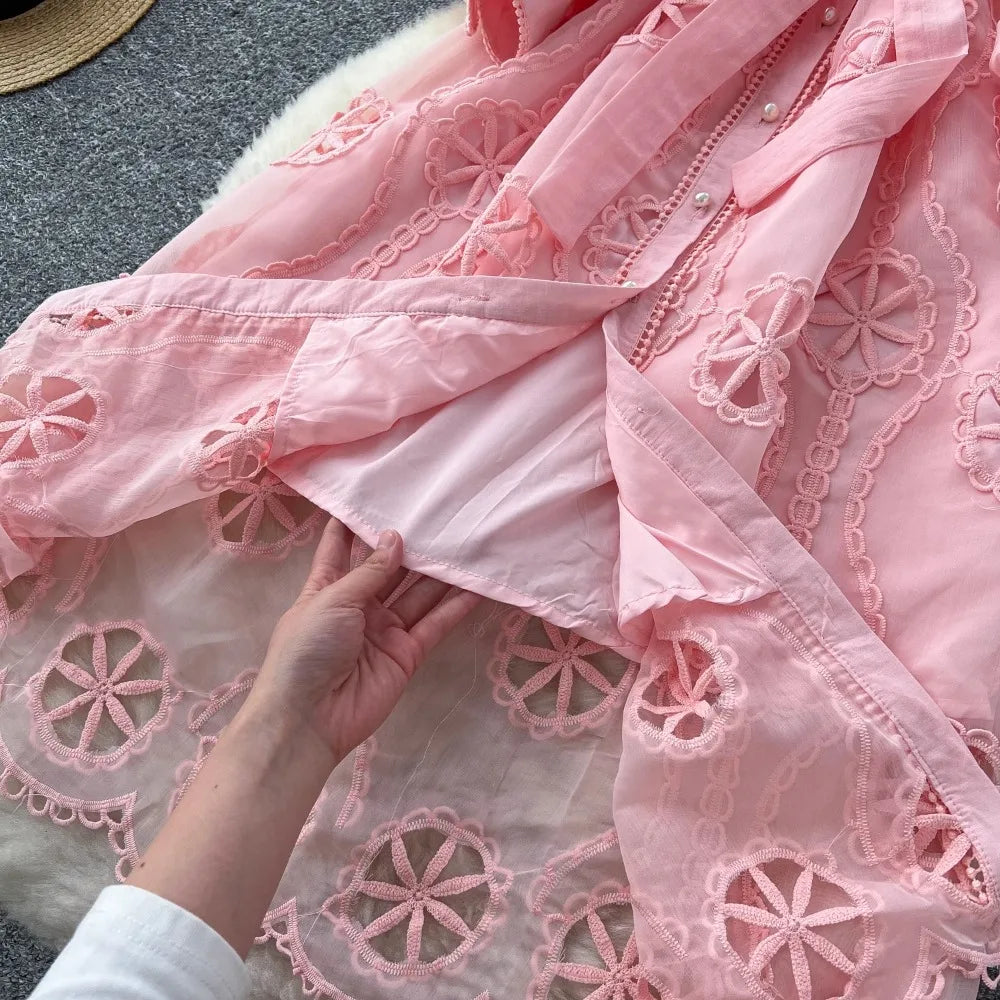 Embroidered Lapel Lantern Sleeve Long Dress