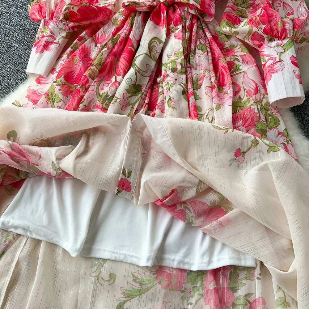 Print Chiffon Button Tie-Waist A-Line Dress