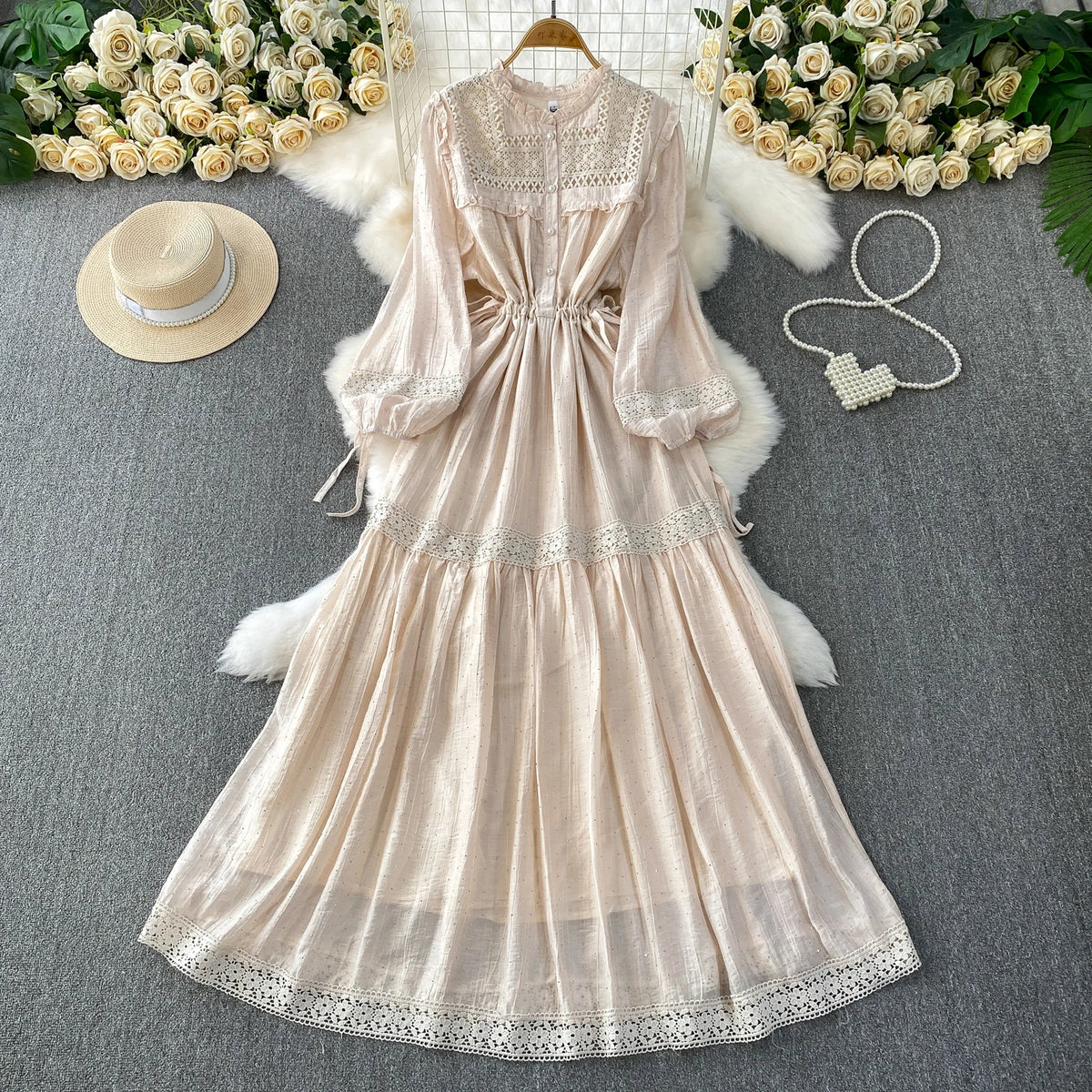 Rhinestone Lace Ruched Boho Long Dress