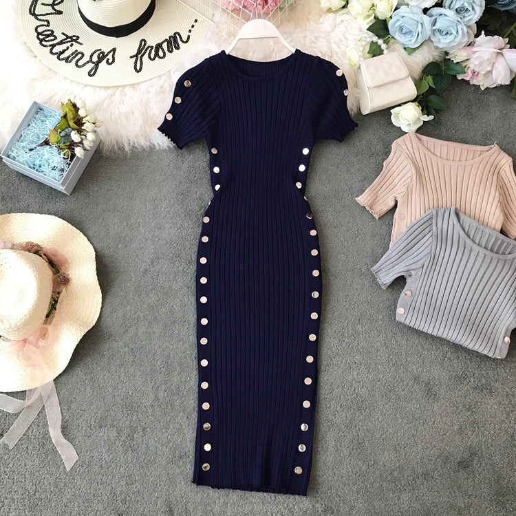 Double-Breasted Knit Bodycon Pencil Dress