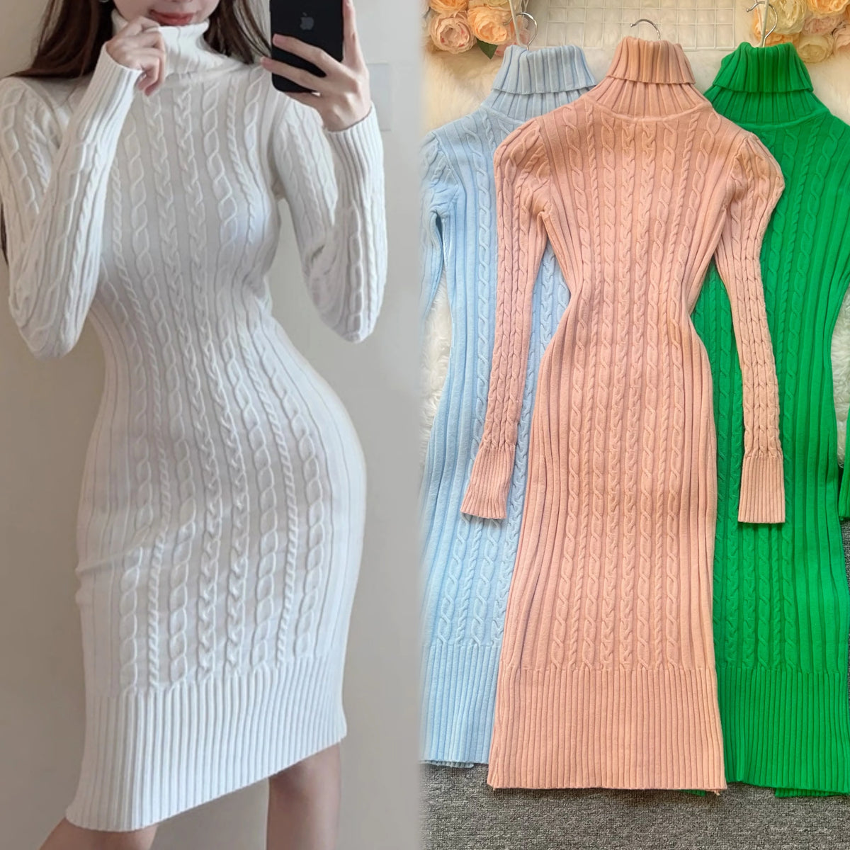 Twist Turtleneck Knit Sweater Dress