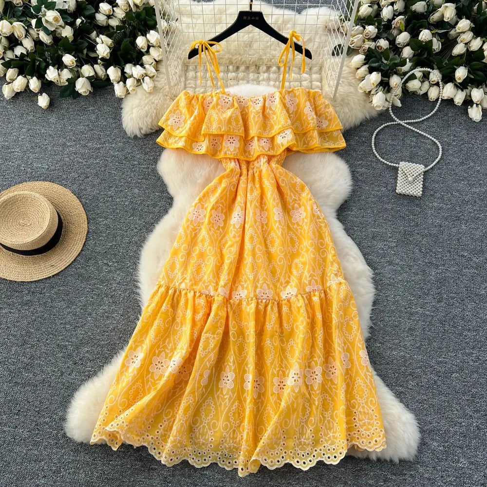 Off-Shoulder Embroidered Ruffle Slip Dress