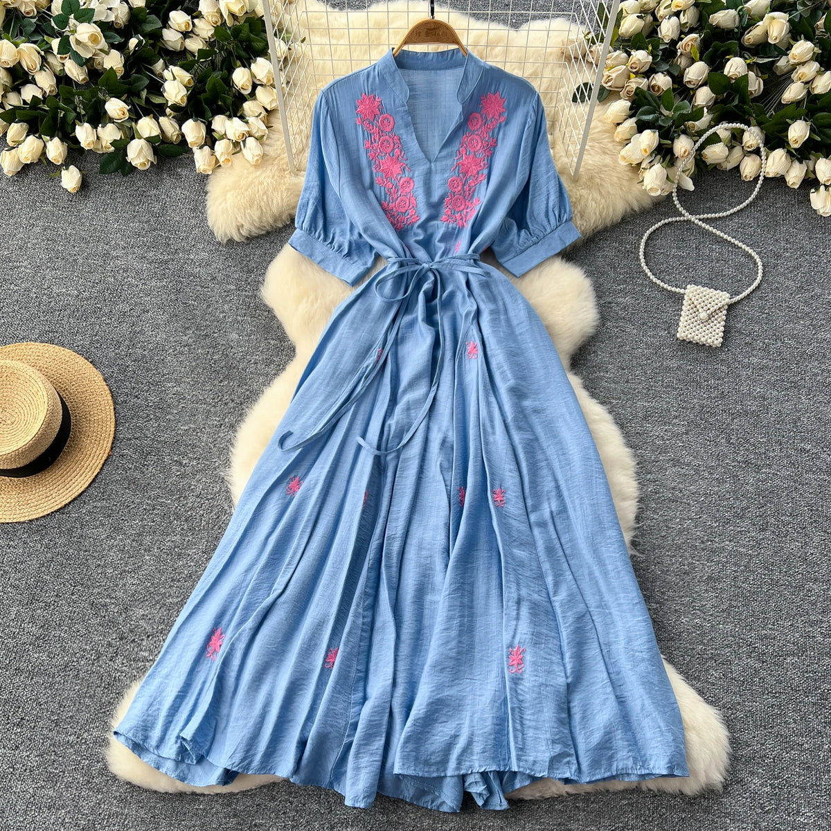 Embroidered V-Neck Puff Sleeve Beach Dress